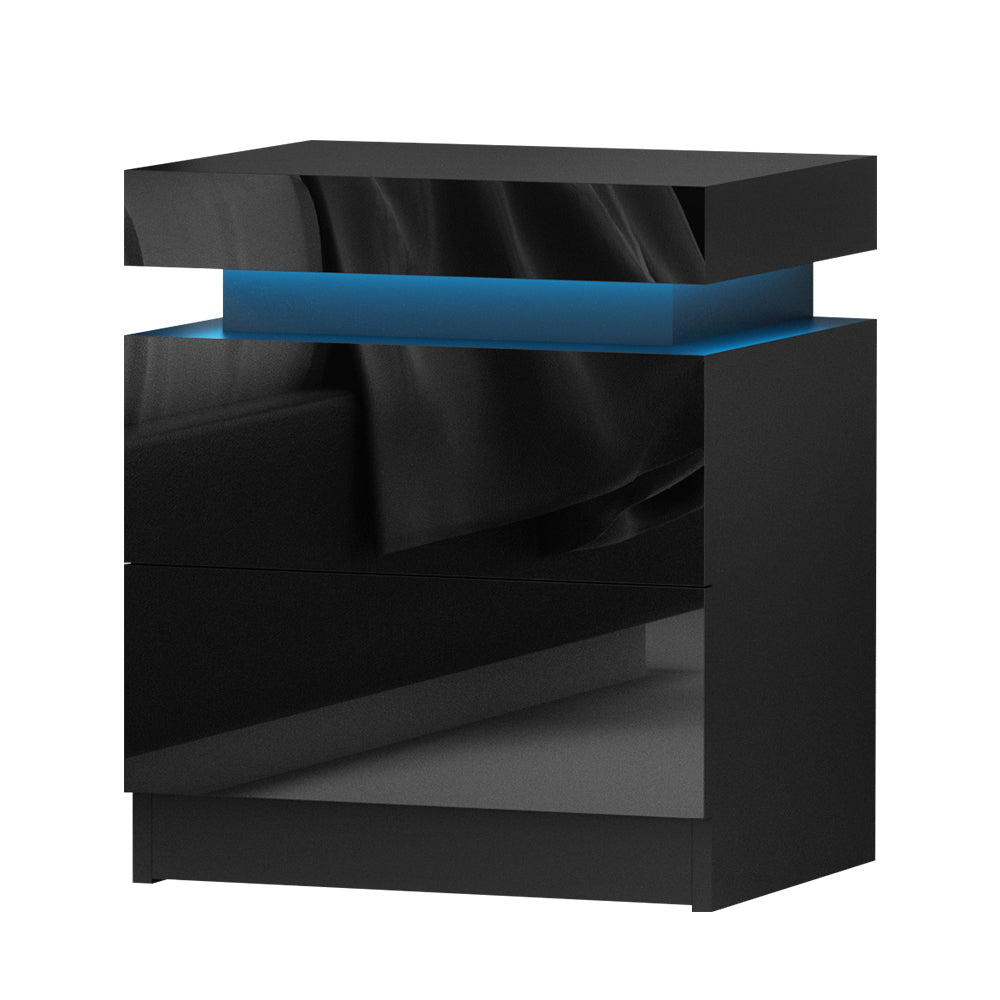 Artiss Bedside Tables Side Table Drawers RGB LED High Gloss Nightstand Black