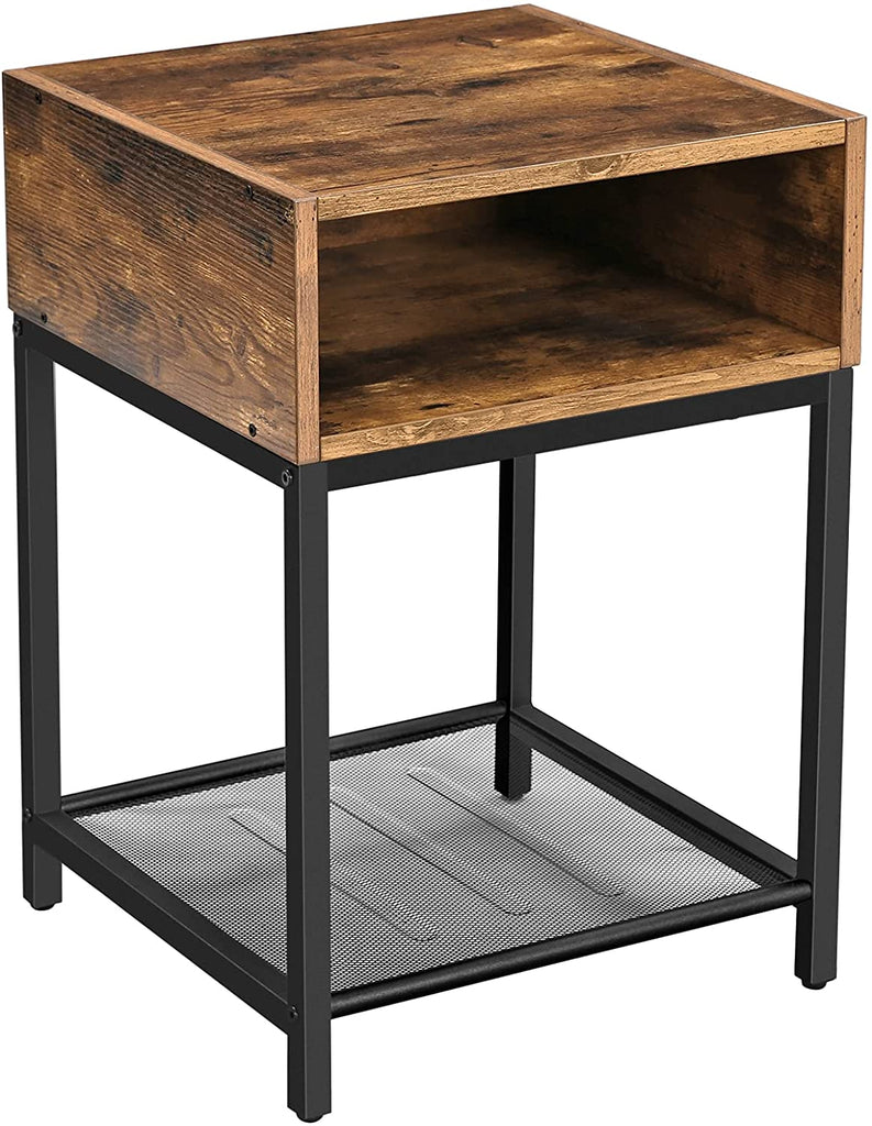 Side Table with Open Compartment and Mesh Shelf Rustic Brown and Black - Oz Things