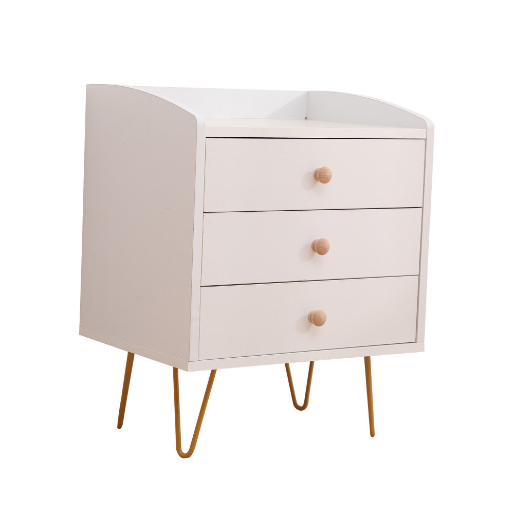 Winston 3 - Drawer Nightstand Bedside Table with Gold Steel Legs Tray Top White