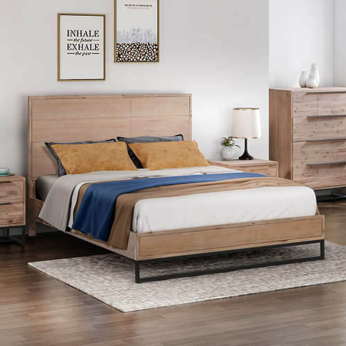 King size Bed Frame Solid Wood Acacia Veneered Bedroom Furniture Steel Legs - Oz Things