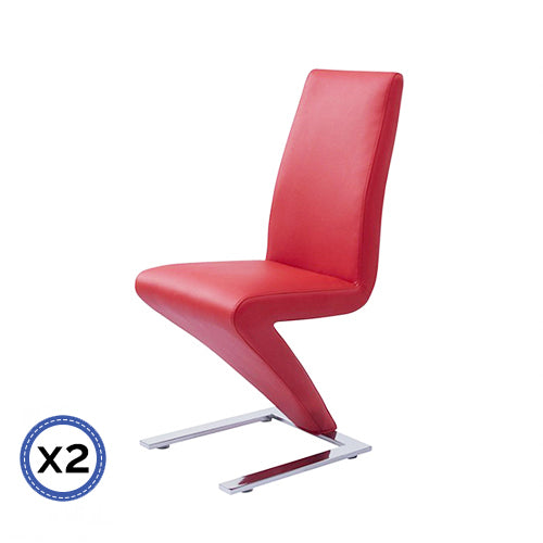 2x Z Shape Red Leatherette Dining Chairs with Stainless Base - Oz Things
