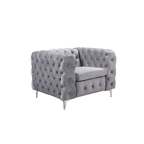 Single Seater Grey Sofa Classic Armchair Button Tufted in Velvet Fabric with Metal Legs - Oz Things